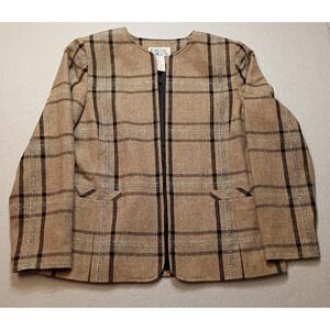 BFA Classics Blazer Size 15 Open Front Check Jacket Tan/Black Pockets‎ VTG